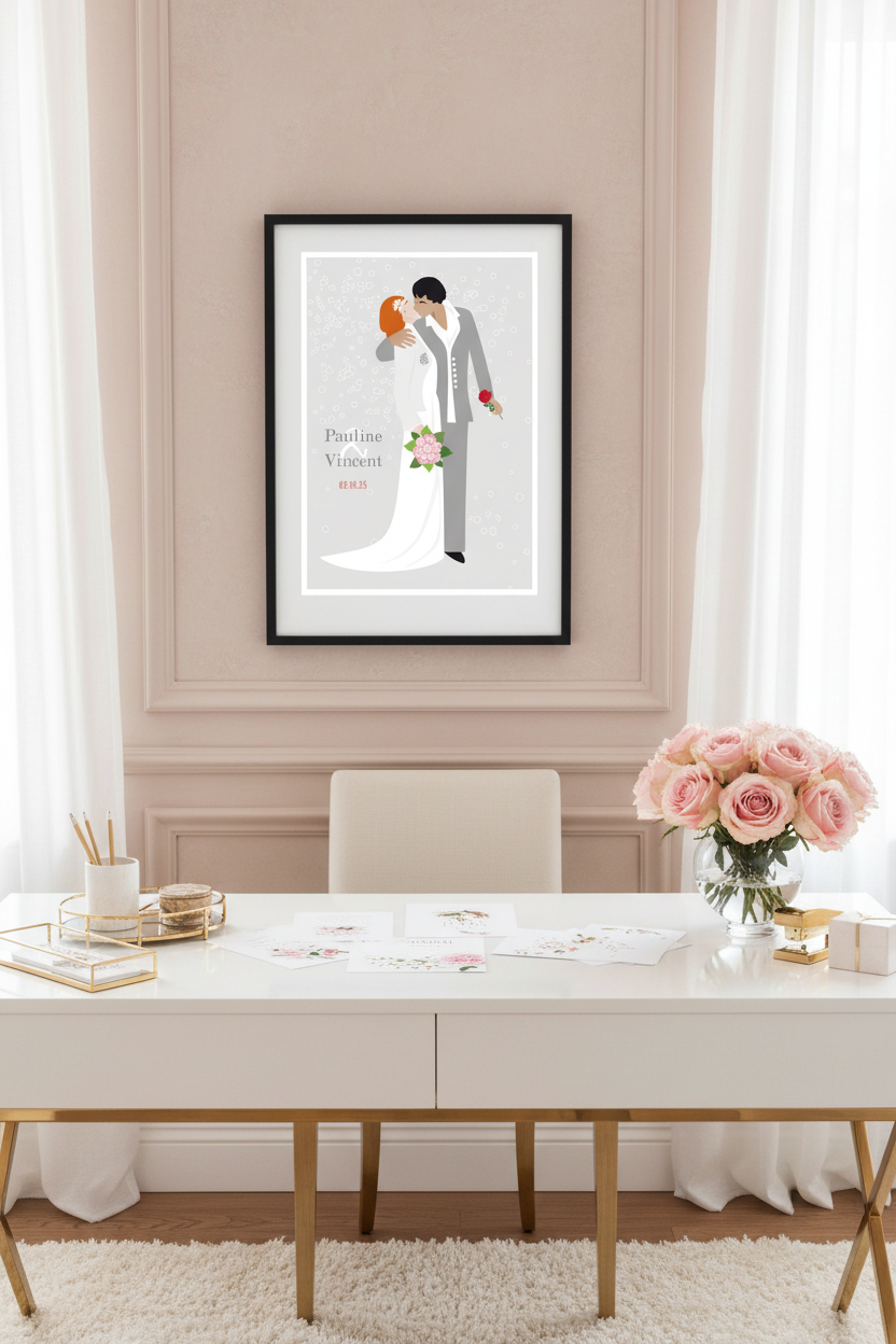 Affiche de mariage encadrée : illustration couple marié, robe blanche, fond clair.