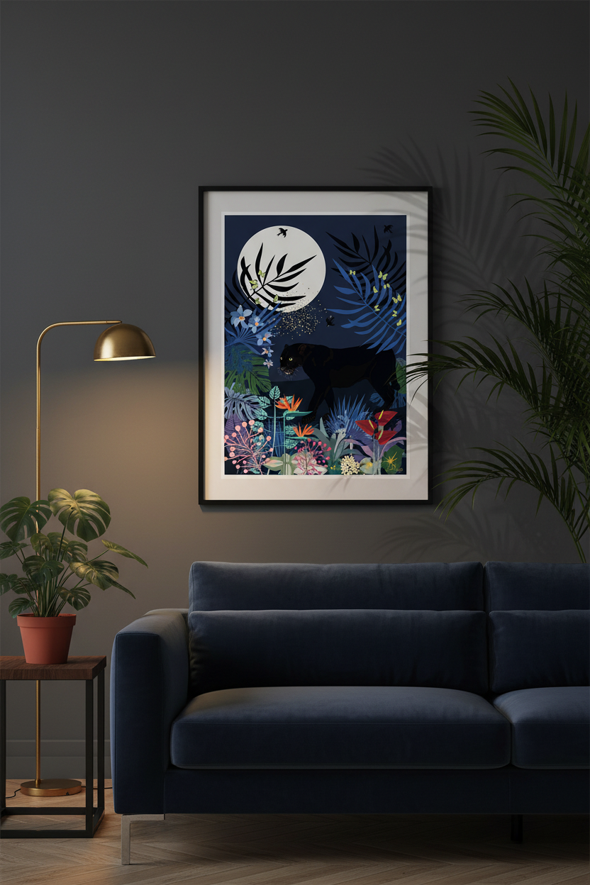Affiche encadrée avec illustration stylisée de panthère dans des tons bleu et décor floral