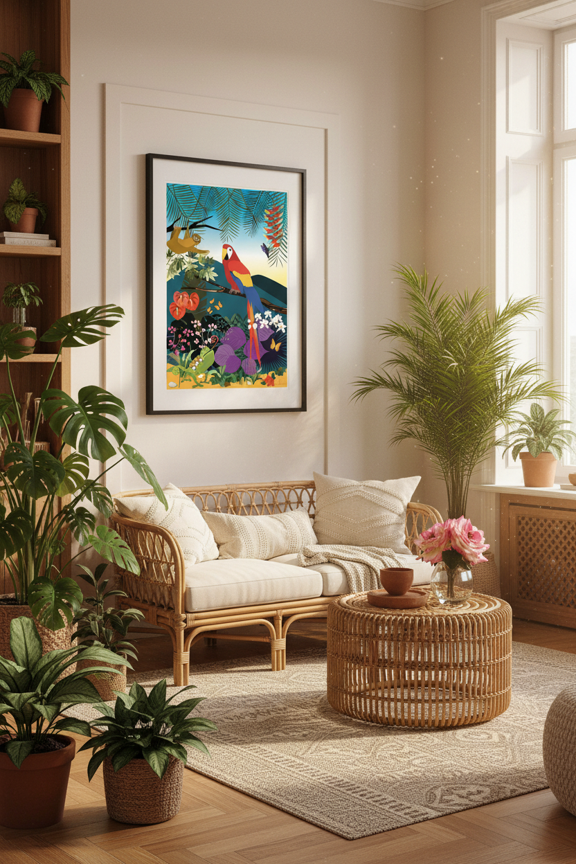 Affiche ornithologique : perroquet coloré sur fond de fleurs, cadre noir, format mural A4/A3/A2