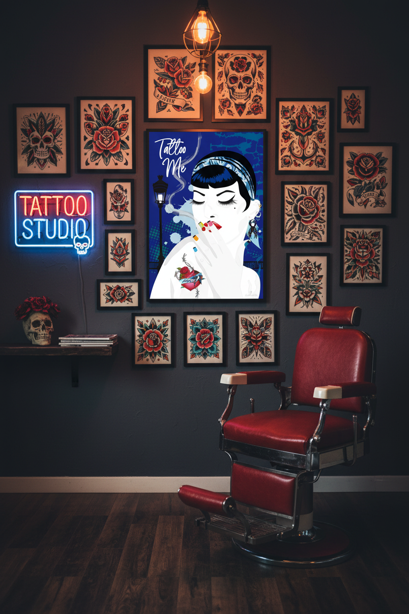 Affiche murale de style pin-up, femme aux cheveux bleus et tatouage cœur, décor tatouage