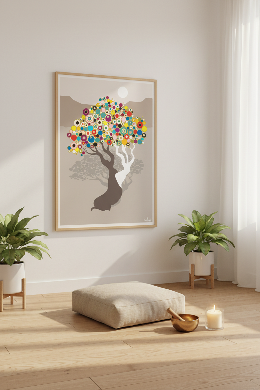 Affiche encadrée arbre de vie, silhouette blanche et fleurs multicolores sur fond clair