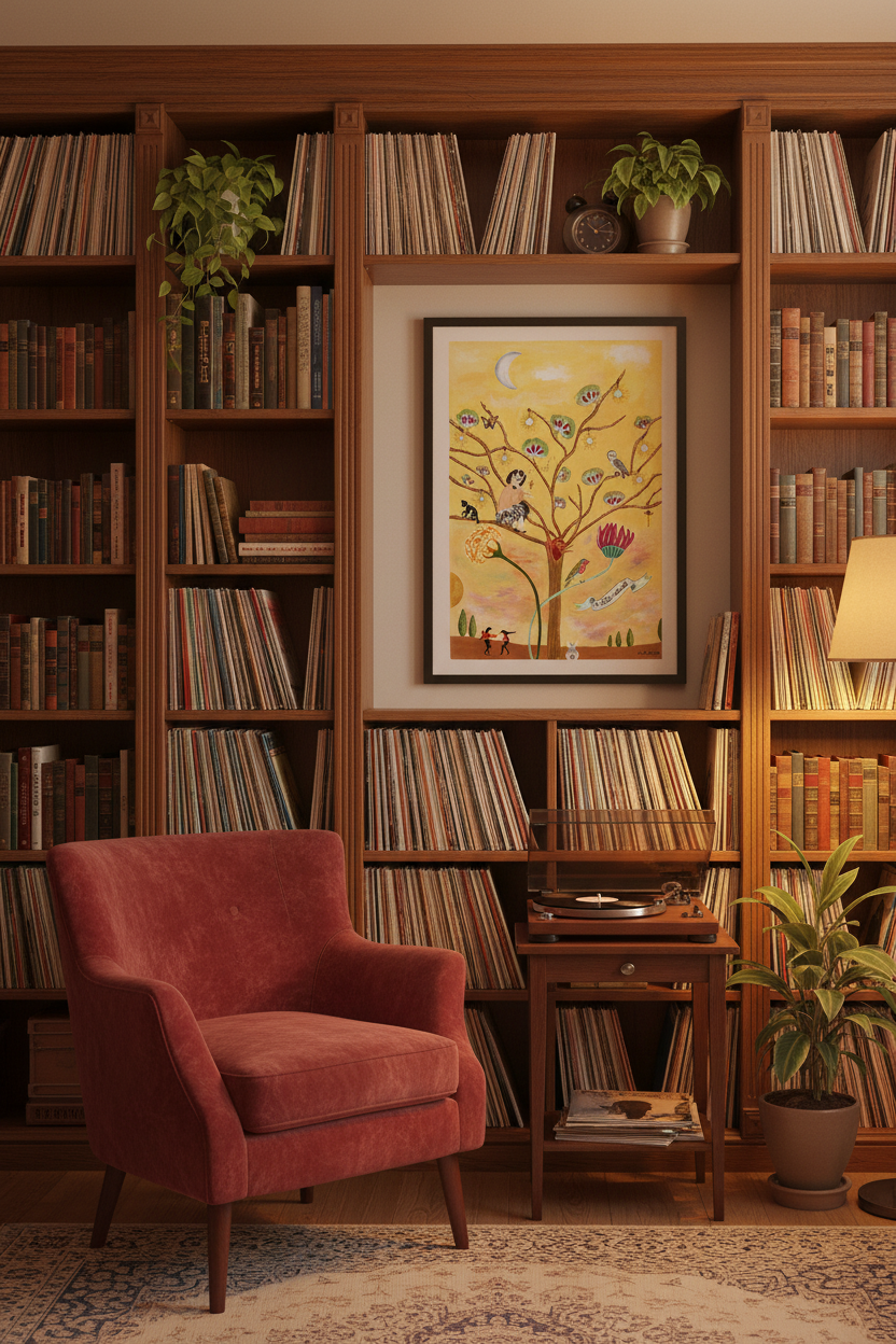 Affiche encadrée A3/A2 avec illustration féerique : arbre jaune et oiseaux sur fond clair.