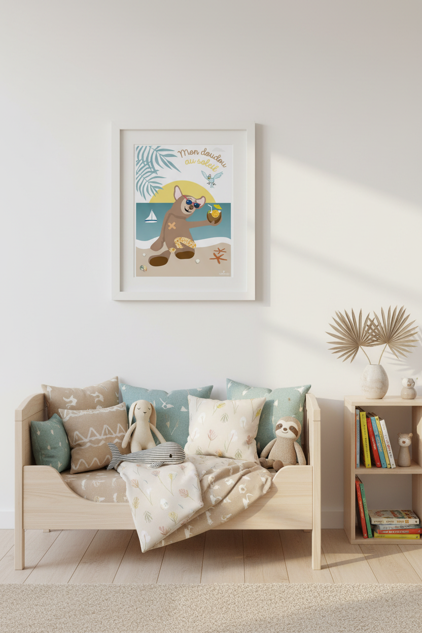 Affiche encadrée : ourson doudou illustré et motifs d’enfants.