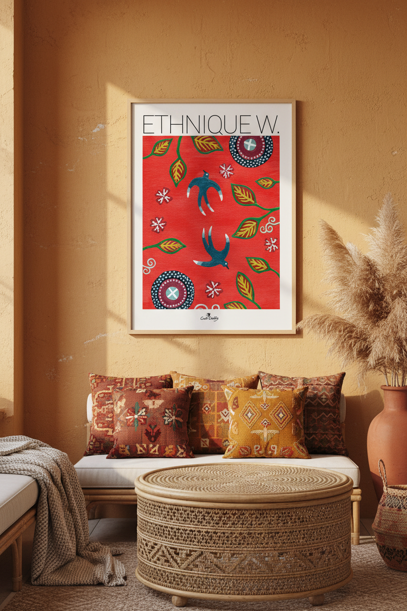 Affiche encadrée d’art ethnique, motifs géométriques colorés sur fond rouge.