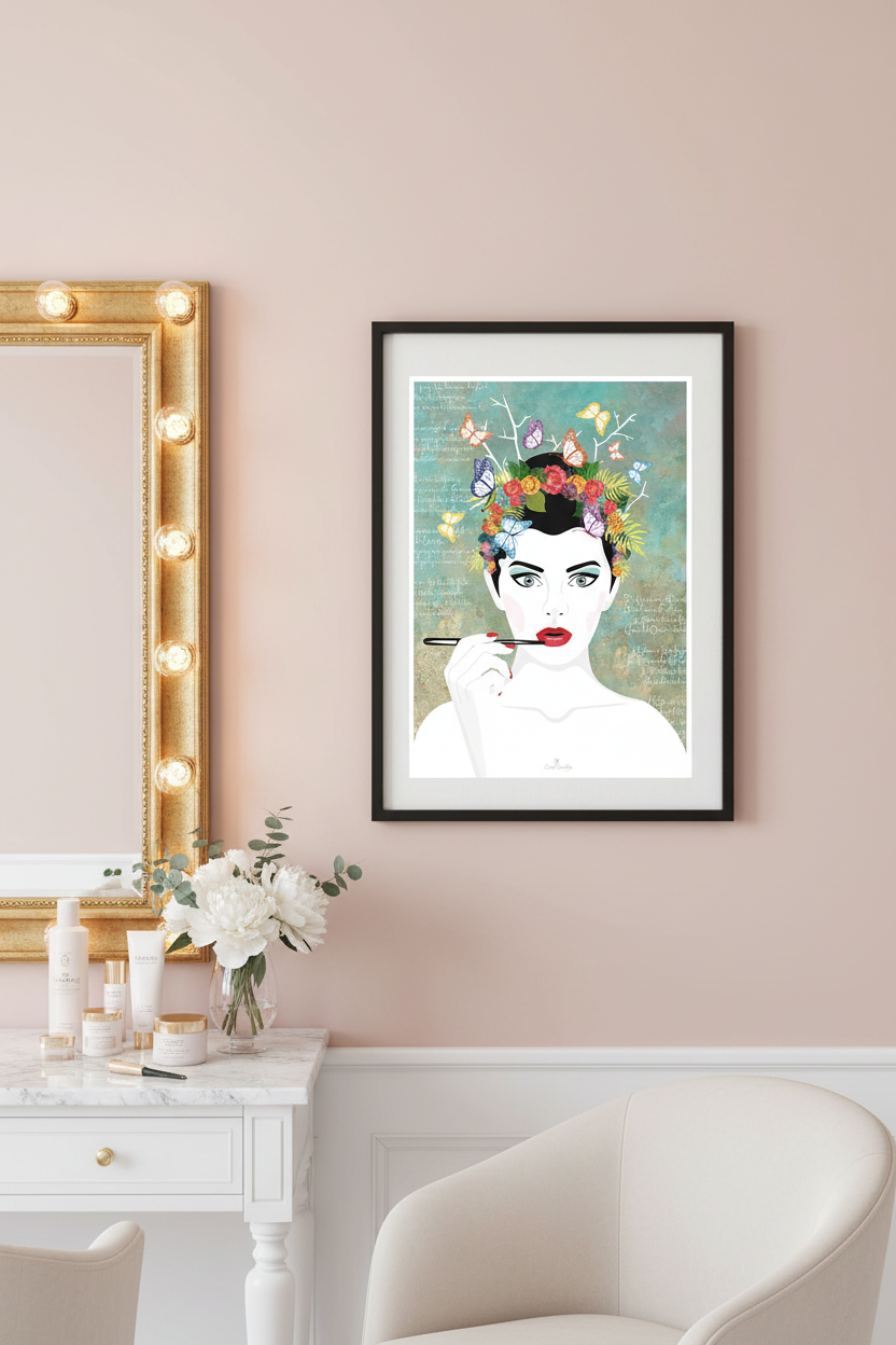 Affiche encadrée avec portrait féminin, fleurs et motifs botaniques, fond clair