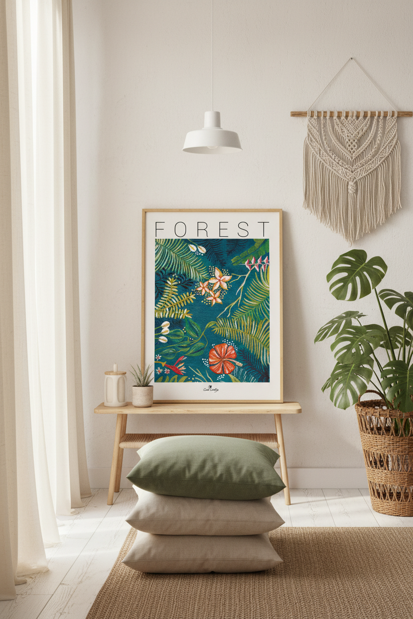 Affiche encadrée avec illustration botanique verte et fleurs colorées, style forêt
