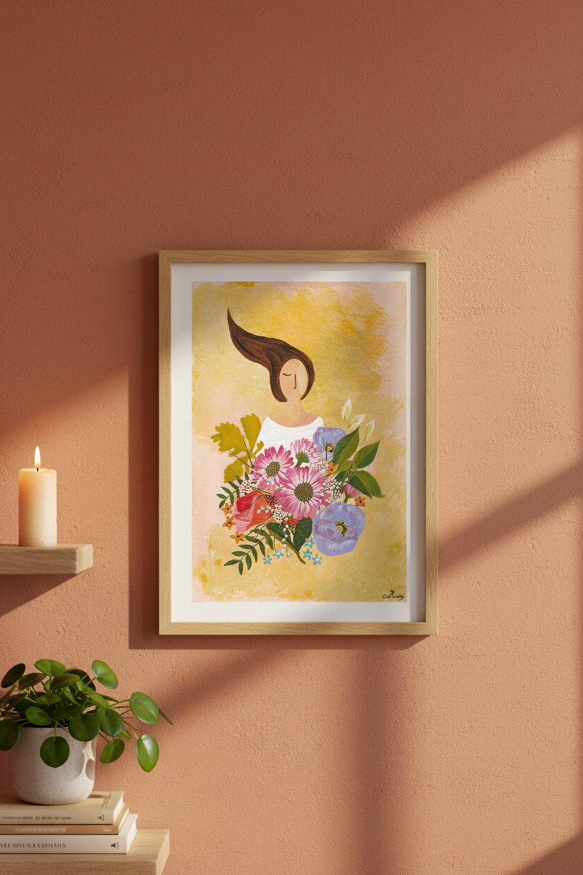 Affiche encadrée avec portrait de femme de profil et bouquet de fleurs, fond clair