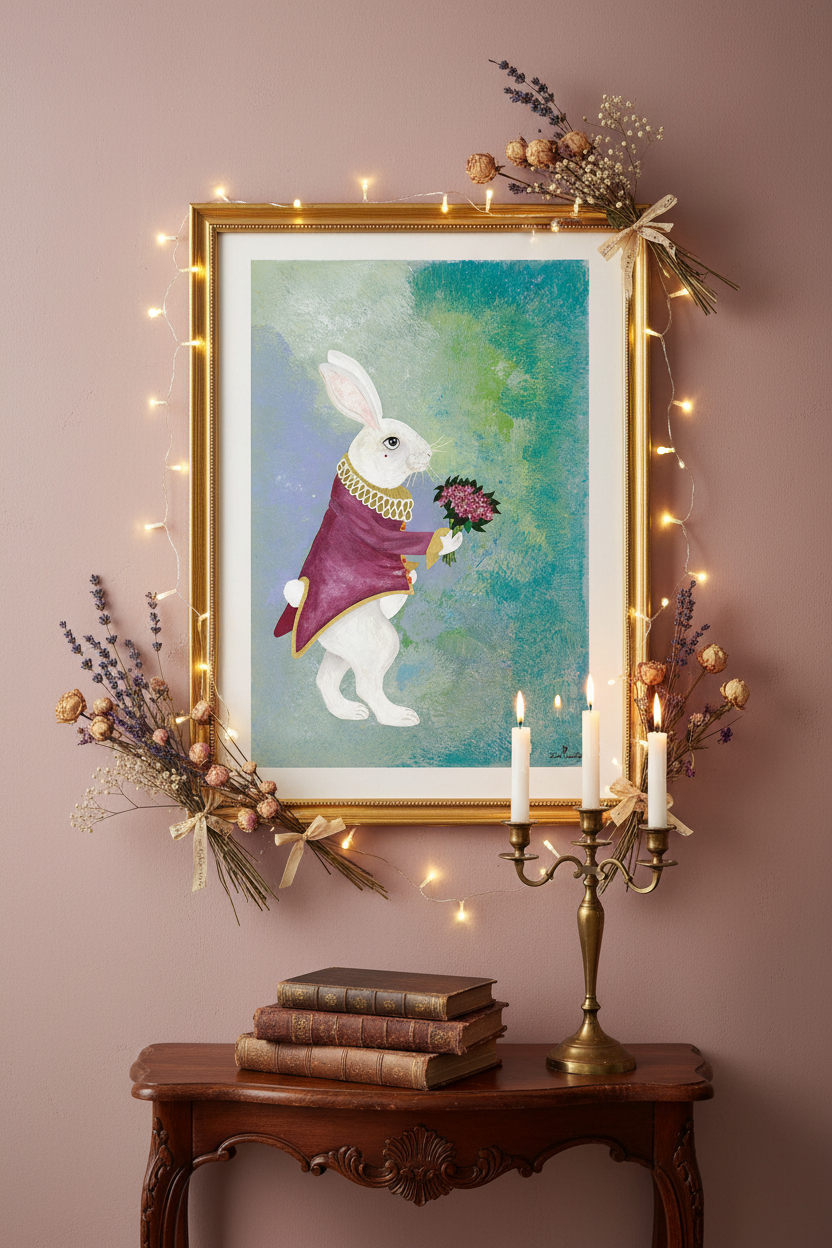 Affiche encadrée avec lapin blanc au chapeau rouge, fond bleu-vert, cadre doré et guirlande lumineuse