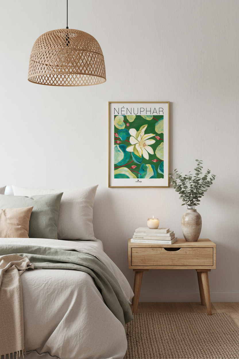 Affiche nénuphar en cadre fin avec fleurs blanches et feuilles vertes, style peinture