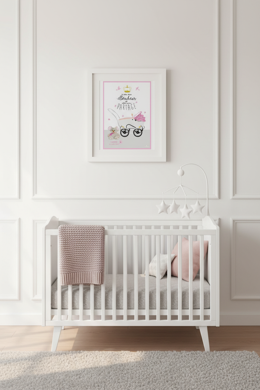 Affiche de naissance enfant encadrée, illustration rose et motifs ludiques pour bébé