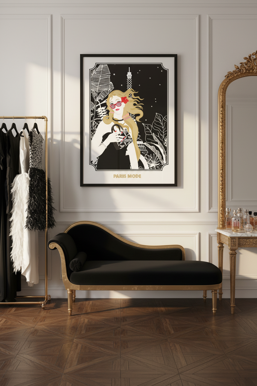 Affiche Vénus encadrée noir et or, silhouette stylisée avec lunettes, texte « Paris Mode »