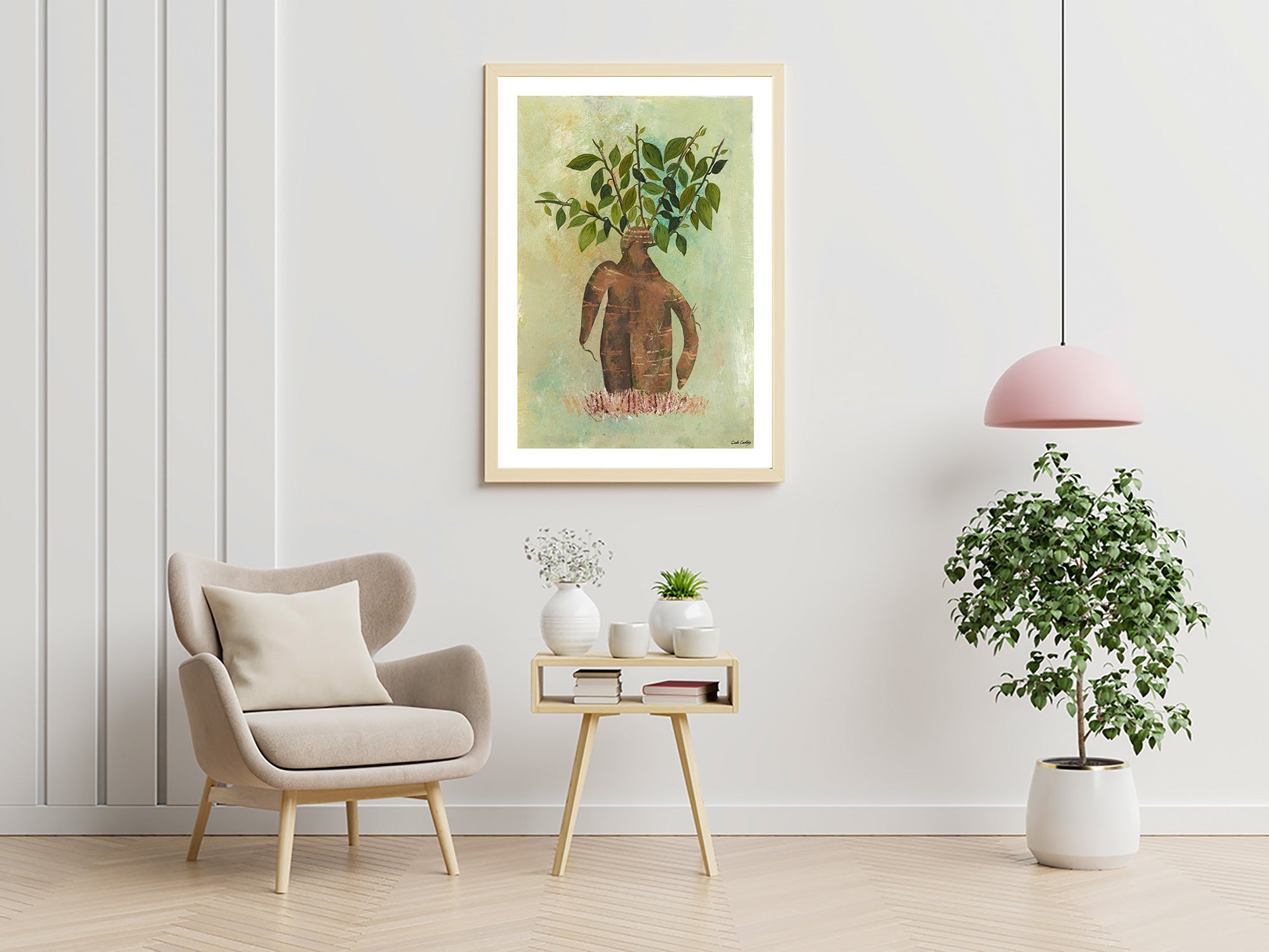 Affiche encadrée représentant un homme arbre, silhouette brune et feuilles vertes