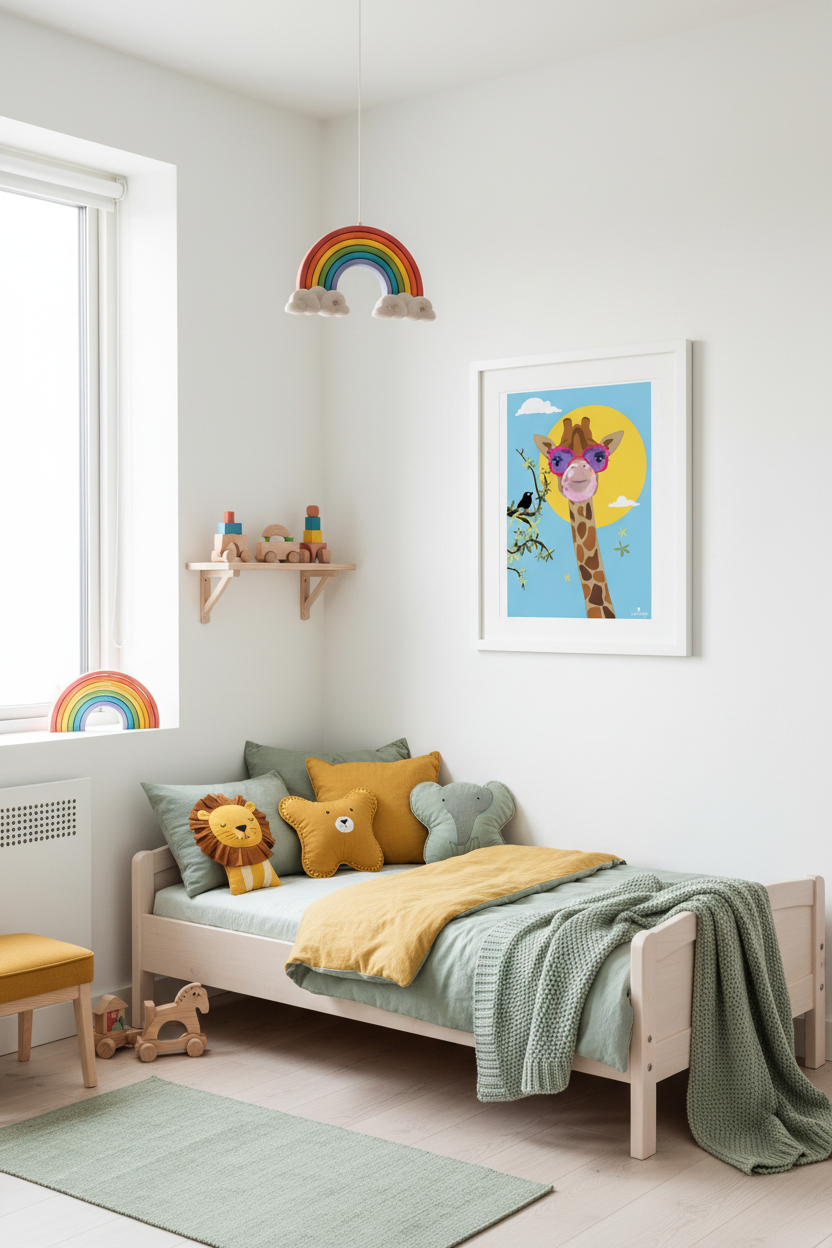Affiche enfant avec girafe souriante dans un cadre blanc, fond bleu et soleil jaune.