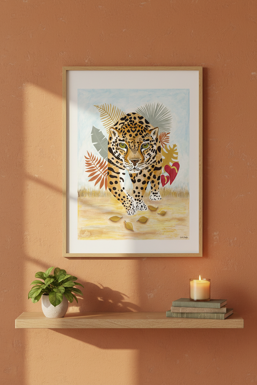 Affiche encadrée : tigre tacheté, fond clair, feuilles rouges et rayons en arrière-plan