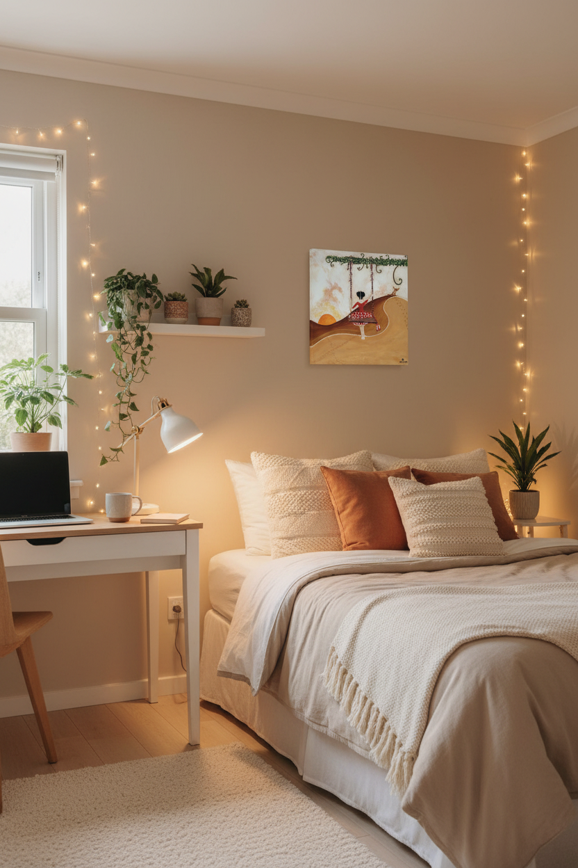 Photo sur toile motif abstrait beige avec forme rouge et courbes fines.