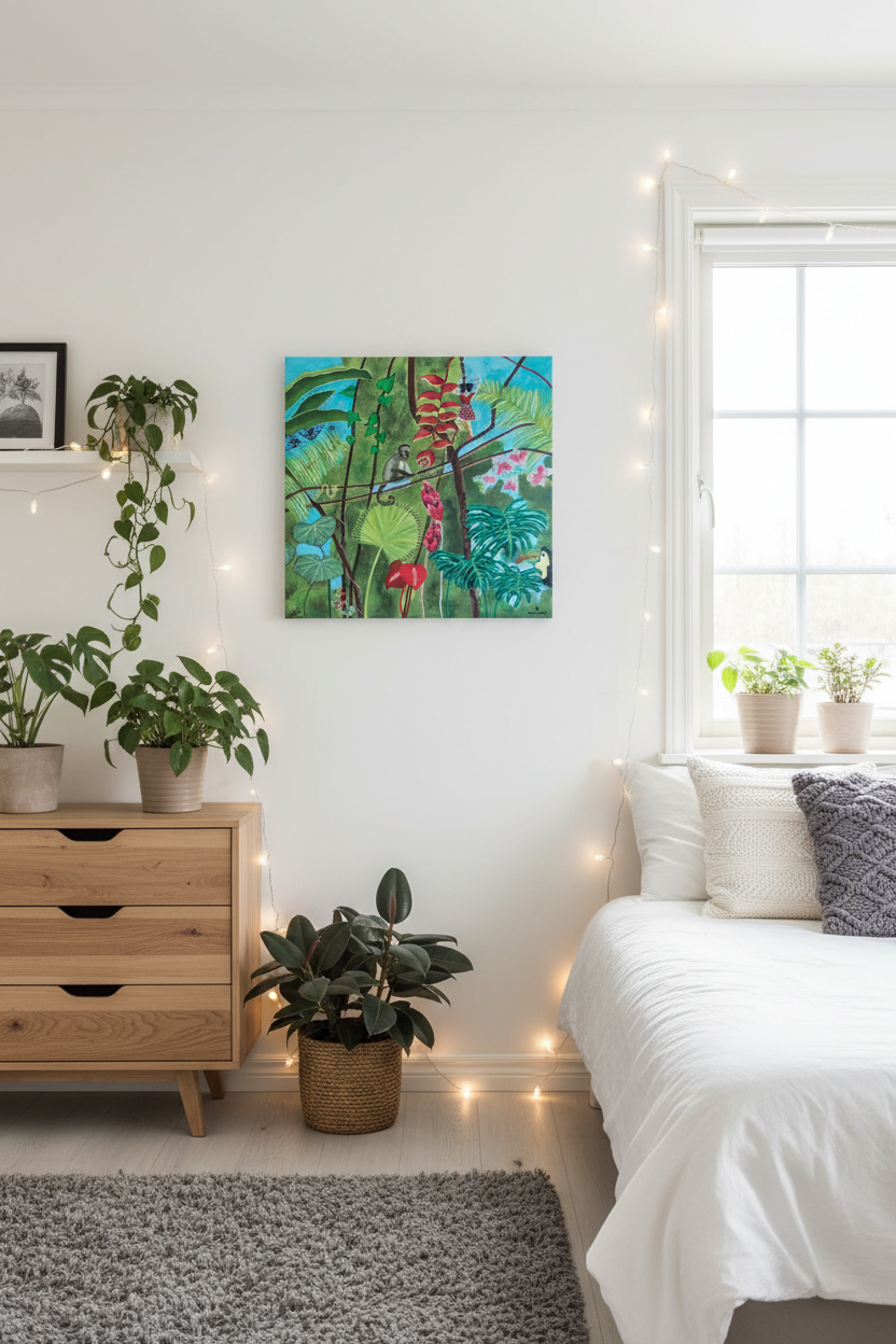 Photo sur toile motif jungle colorée, feuillages verts et touches roses sur fond bleu.