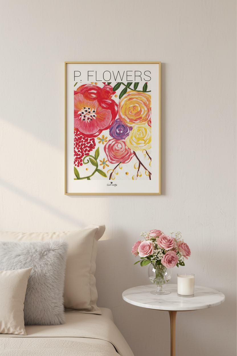 Affiche encadrée de fleurs roses et multicolores, cadre doré, style peinture.