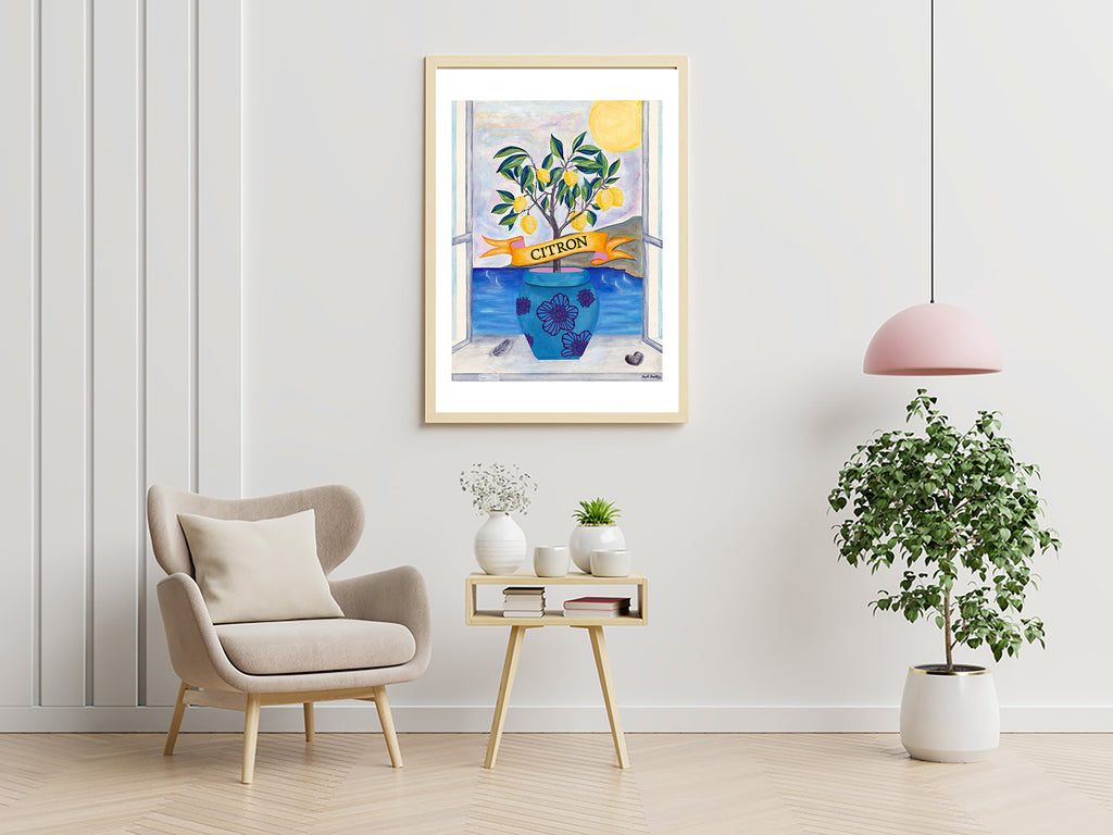Affiche encadrée avec citronnier stylisé, soleil jaune et ruban « CITRON ».