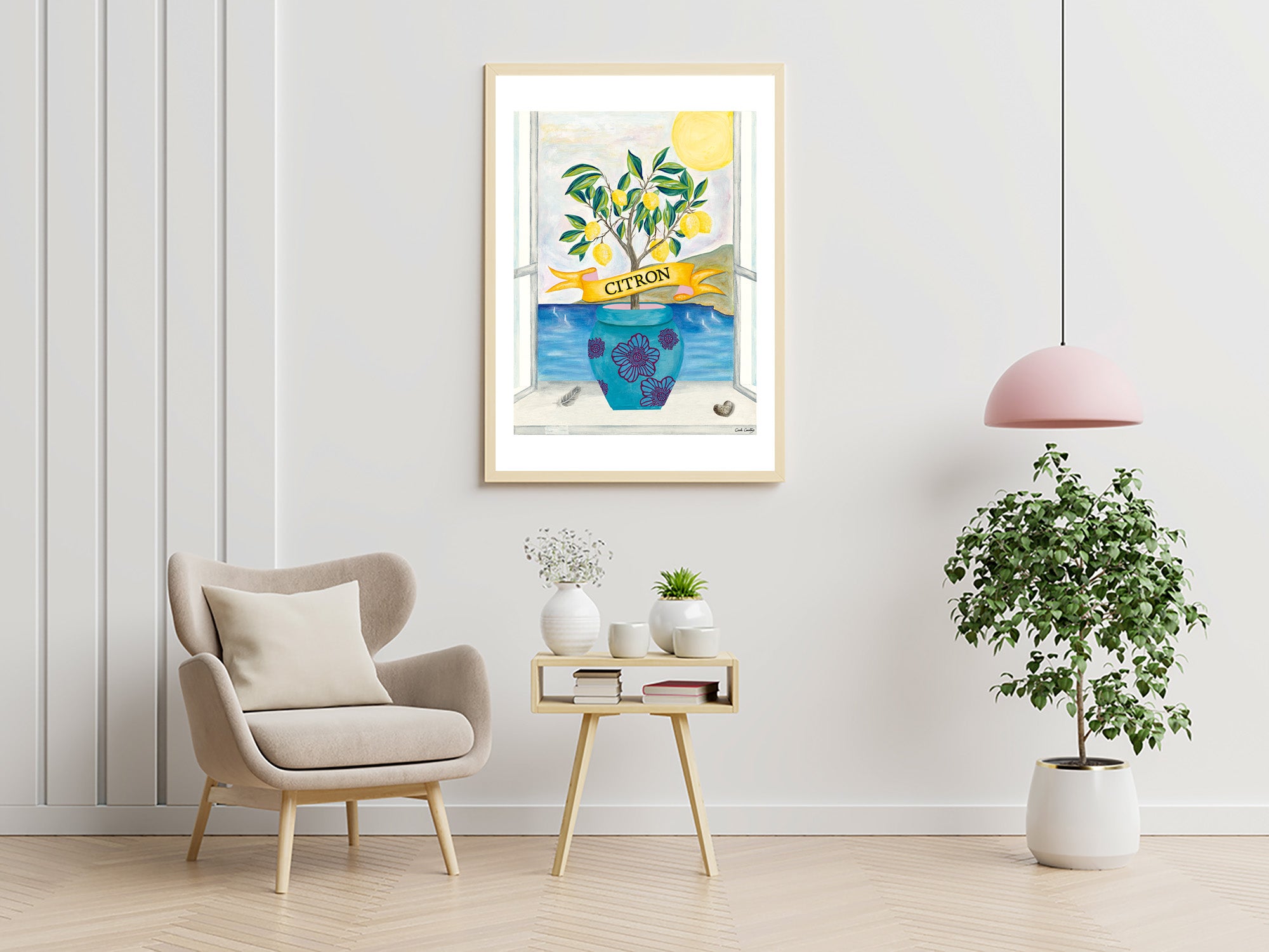 Affiche encadrée « Le Citronnier » : bouquet de citronnier et vase bleu, fond clair.