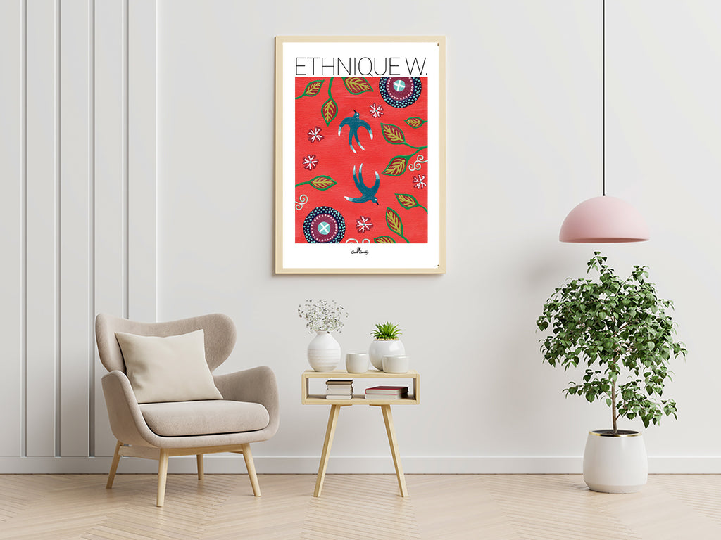 Affiche encadrée ETHNIQUE W sur fond rouge, oiseaux bleus, cercles et feuilles