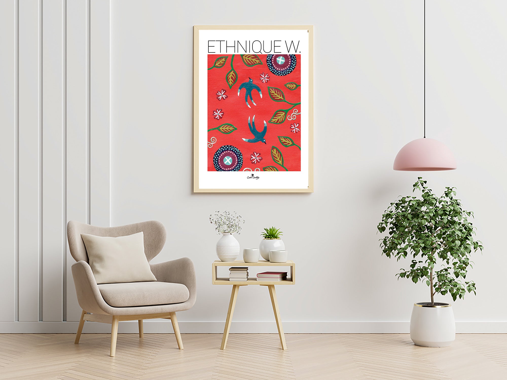 Affiche encadrée ETHNIQUE W sur fond rouge, oiseaux bleus, cercles et feuilles