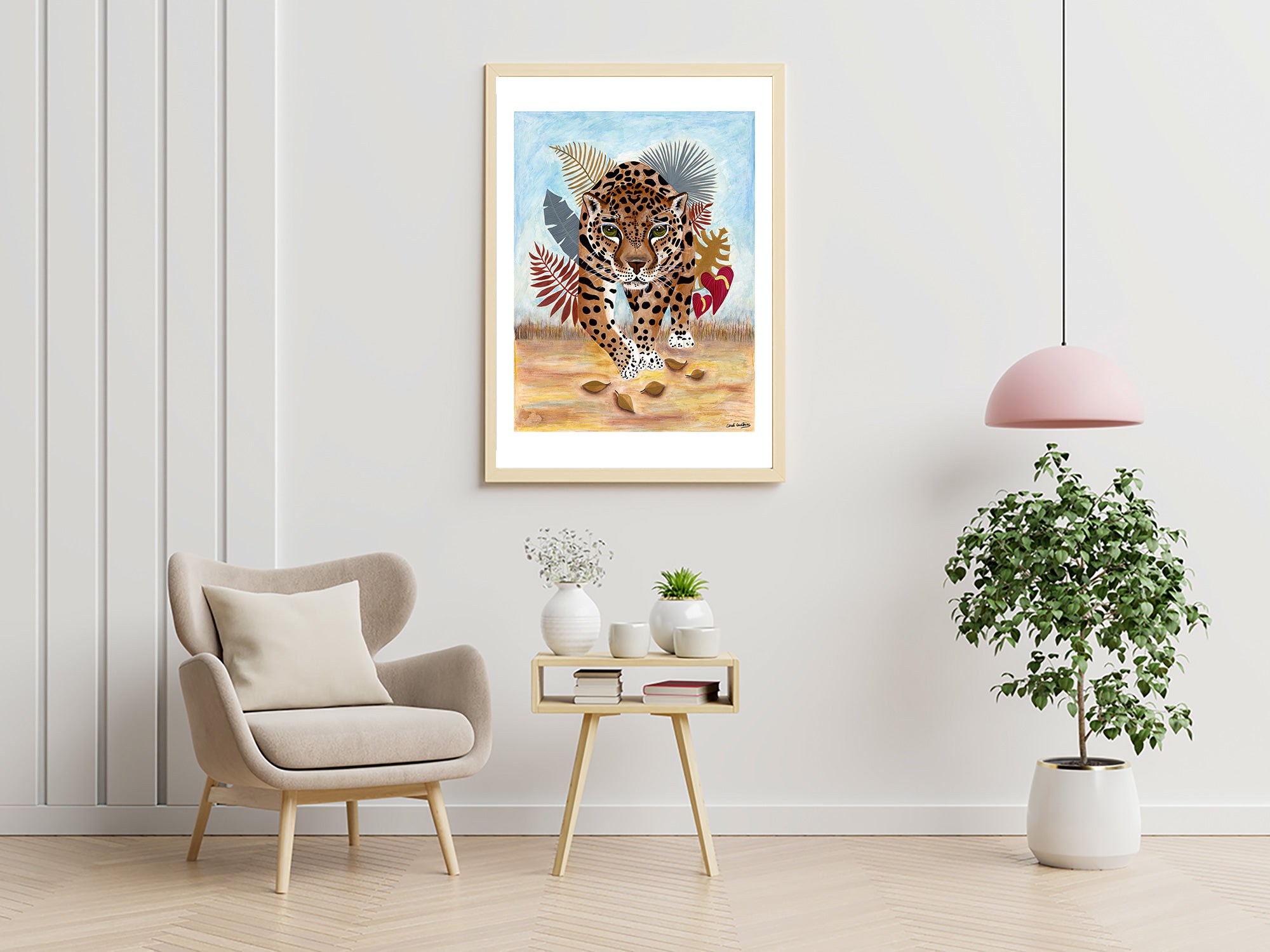 Affiche de tigre encadrée beige, fond bleu, éventails feuillus rouges et verts