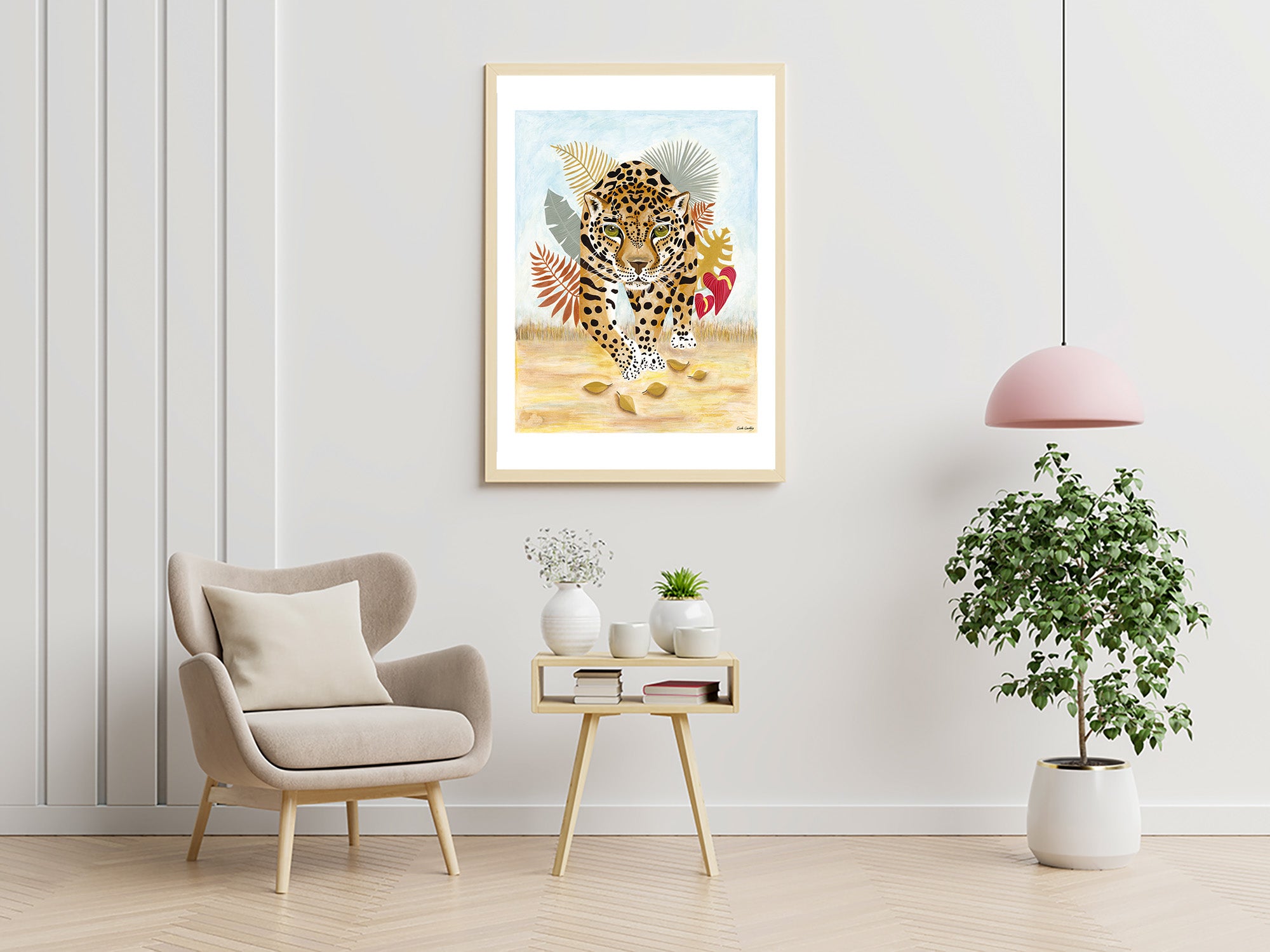 Affiche tigre encadrée, illustration détaillée sur fond clair, style peinture acrylique