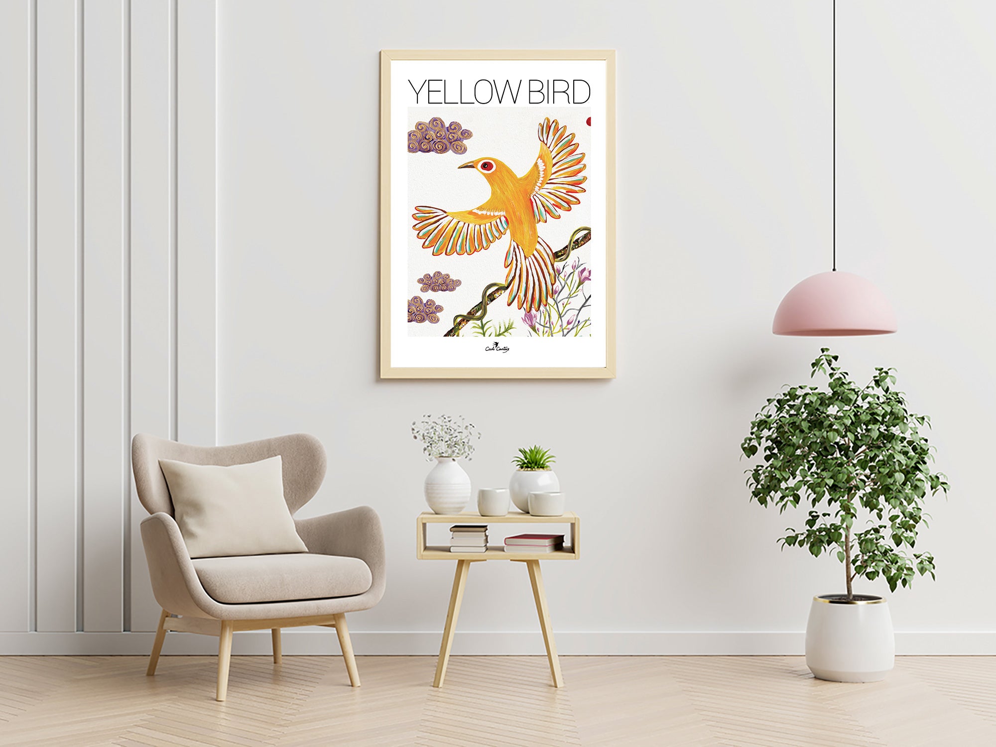 Affiche encadrée avec oiseau jaune décoratif et fleurs, texte « YELLOWBIRD »
