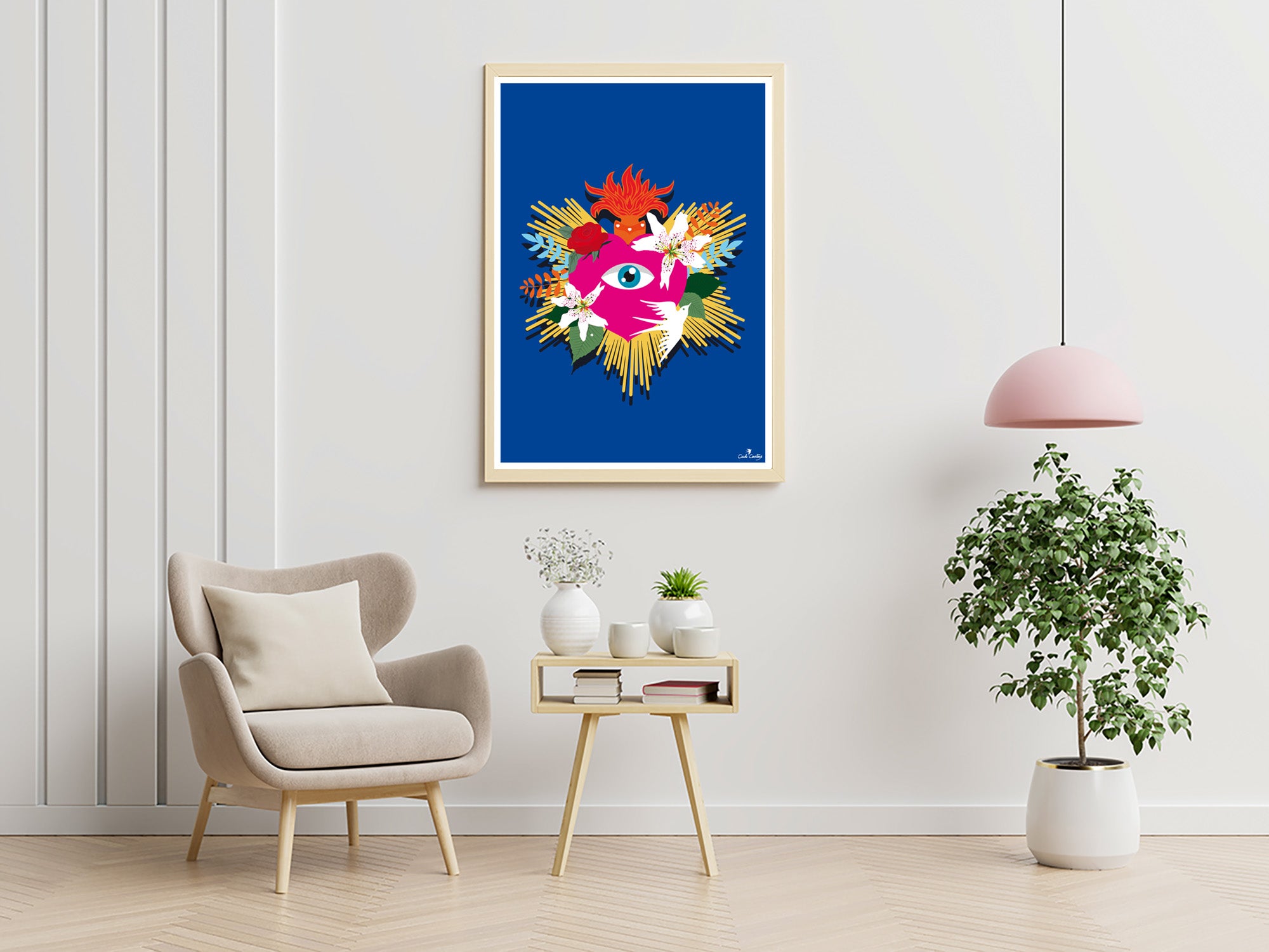 Affiche encadrée, illustration spirituelle: visage rose sur fond bleu, vue murale