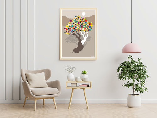 Affiche encadrée d’un arbre de vie brun, parsemé de cercles colorés et ciel clair