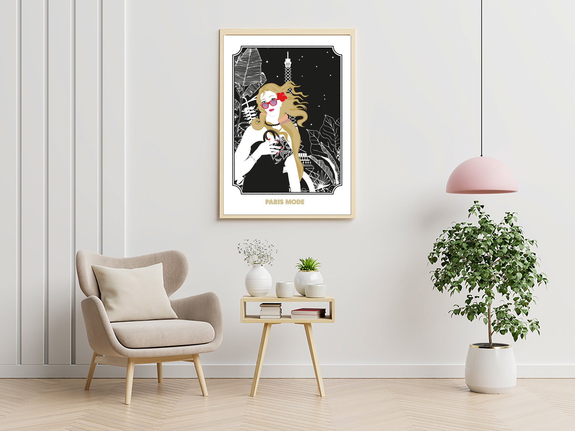 Affiche Vénus encadrée, femme stylisée aux lunettes rouges, fond noir et or