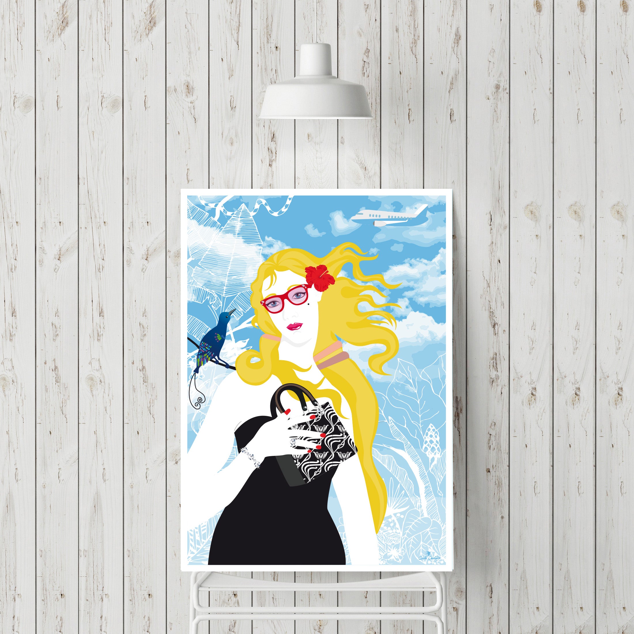 Affiche murale illustrée de Vénus : femme aux cheveux blonds, lunettes, robe noire.