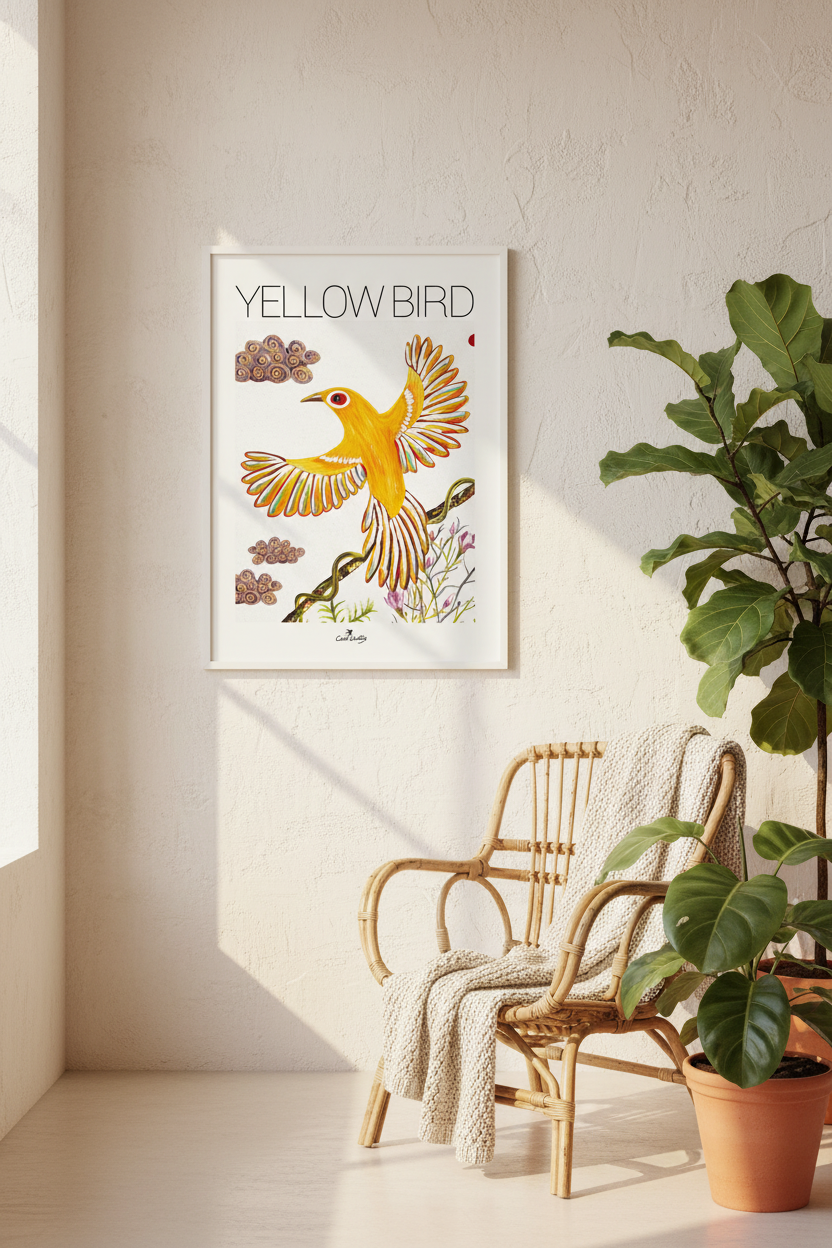 Affiche encadrée oiseau jaune stylisé, perchoir au vol, graines brunes sur fond clair.